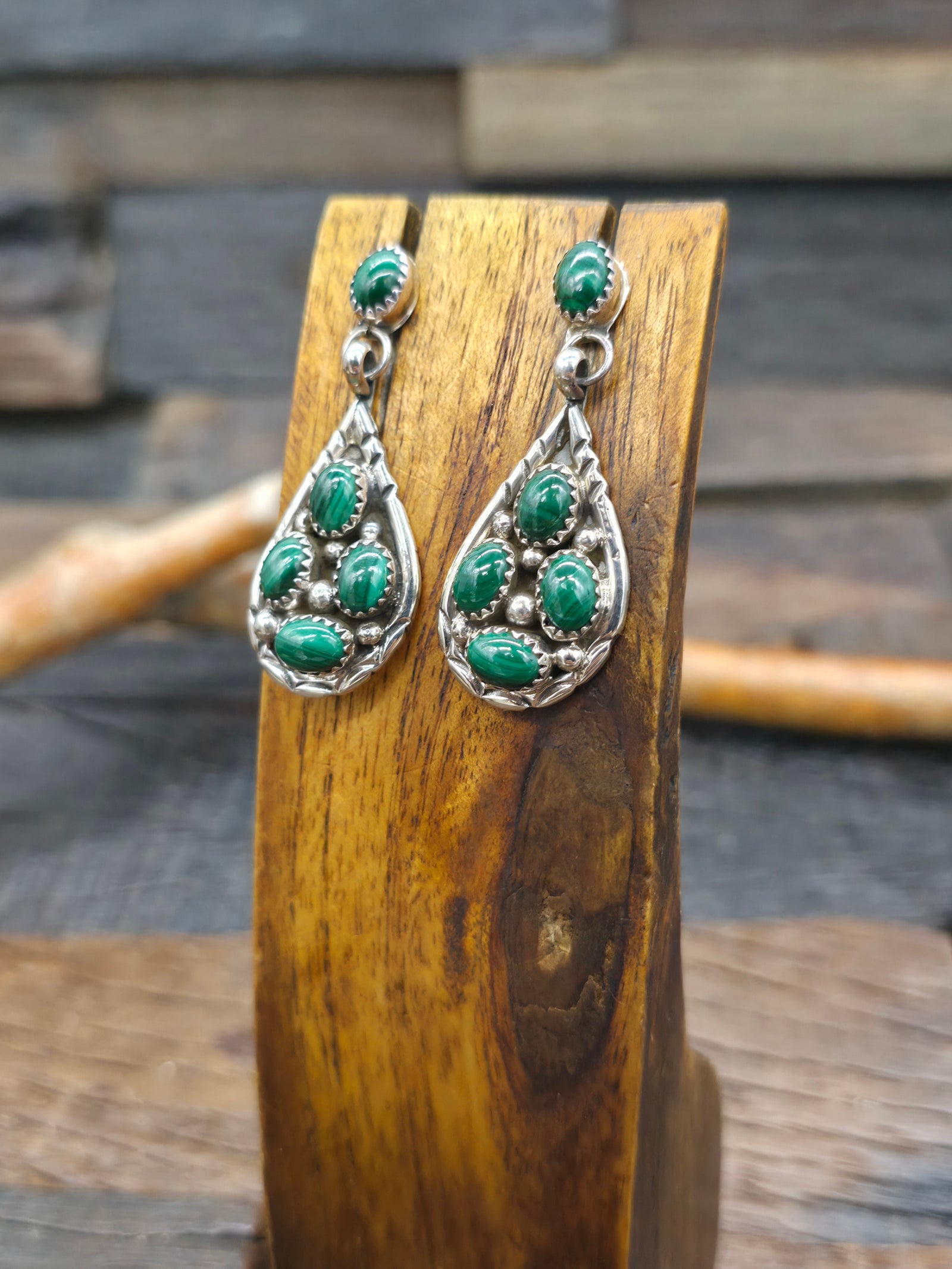 Sterling Silver Malachite Cluster Post Dangle Earrings by "Y" - 1 3/4 in. by 3/4 in.