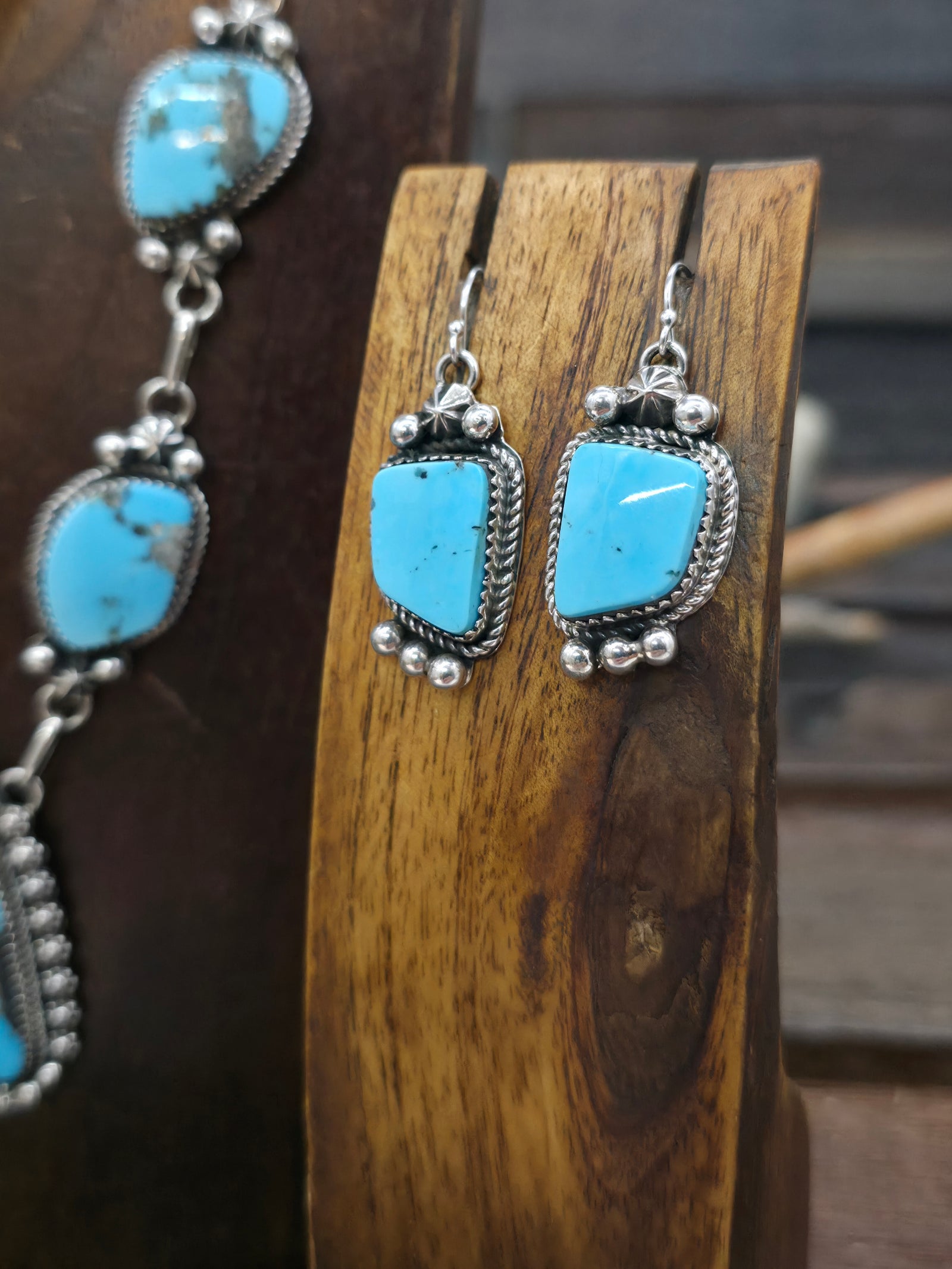 Sterling Silver Kingman Turquoise Lariat Necklace and Earring Set by Rosella Paxton - 26 in.