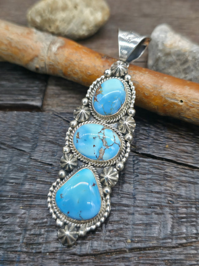 Three Stone Sterling Silver Golden Hill Turquoise Pendant by D. Wylie - 3 in. by 7/8 in.