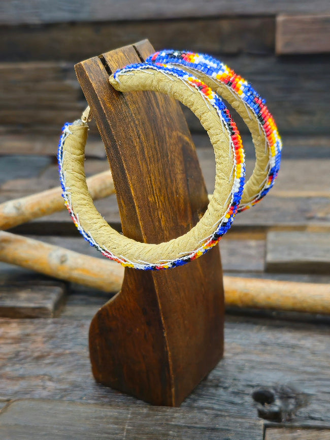 Large Beaded Hoop Earrings Dark Blue