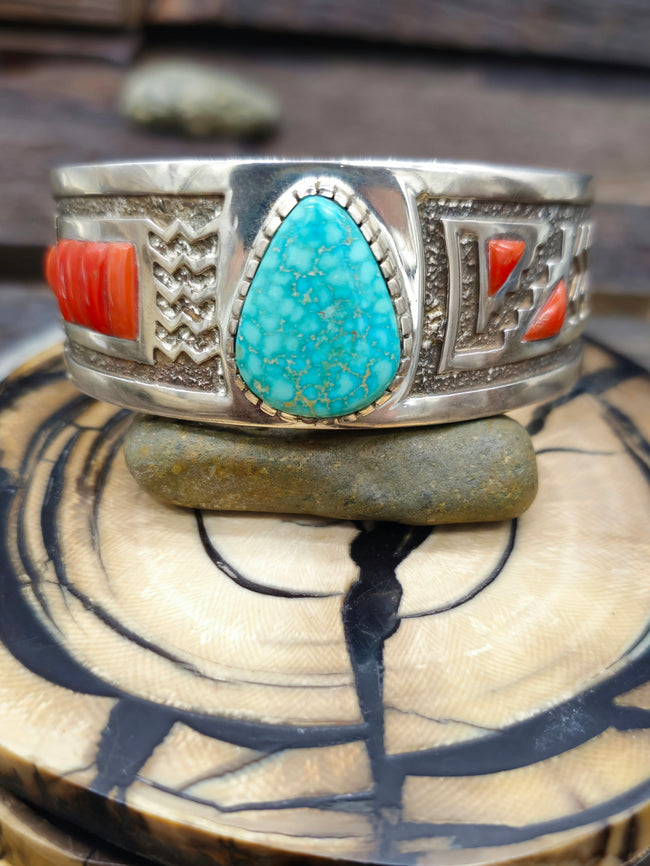 Turquoise and Coral Sterling Silver Cuff by Michael Perry - 6 1/4 in