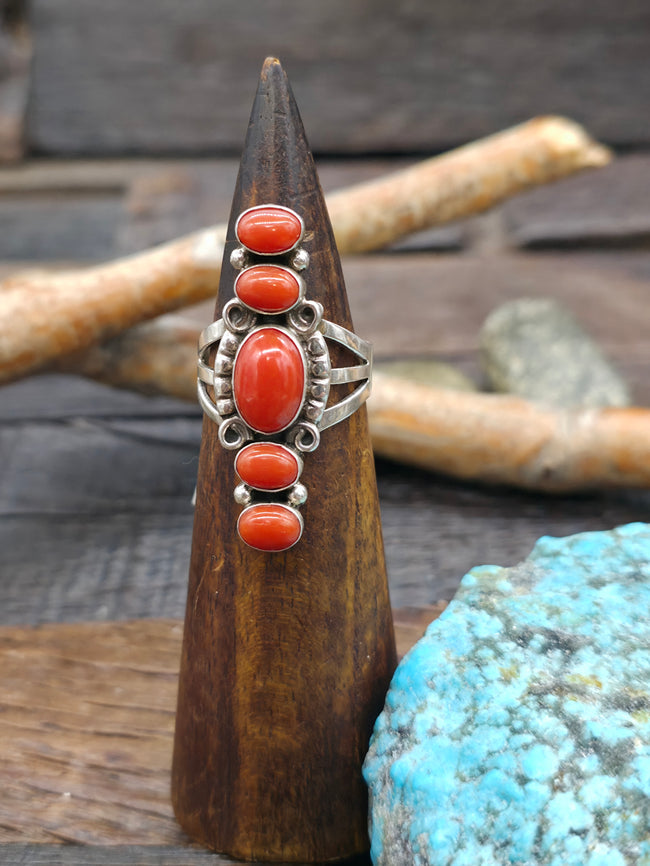 Five Stone Sterling Silver Coral Ring - Size 10