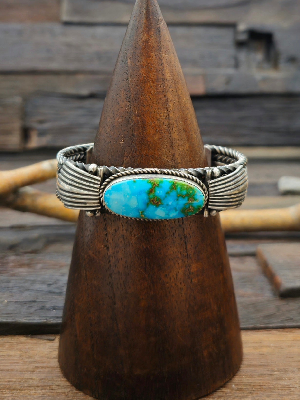 Oxidized Sterling Silver and Sonoran Turquoise Bracelet by Albert Jake 7 in