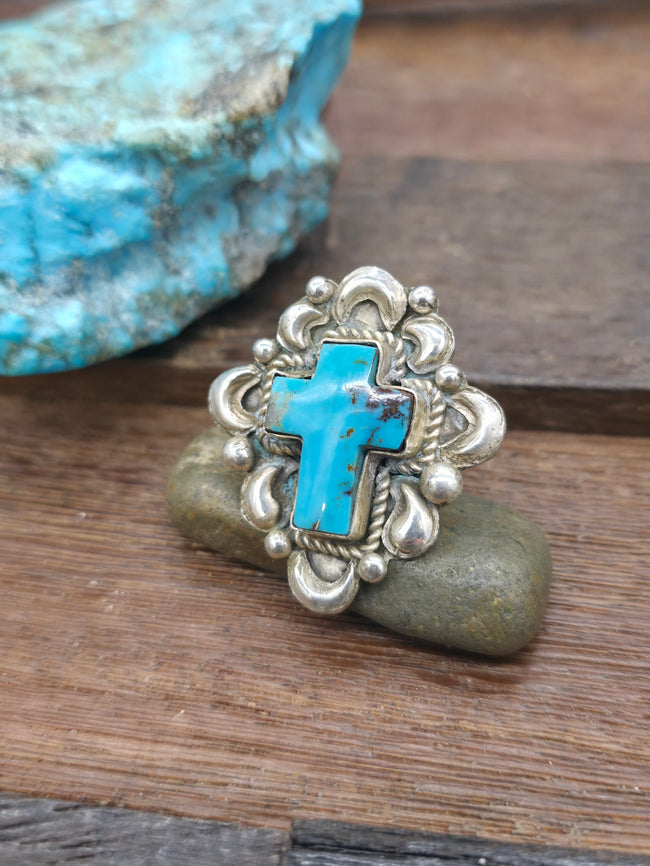 Repousse Stamped Sterling Silver Blue Turquoise Cross Ring by Richard Jim - Adjustable