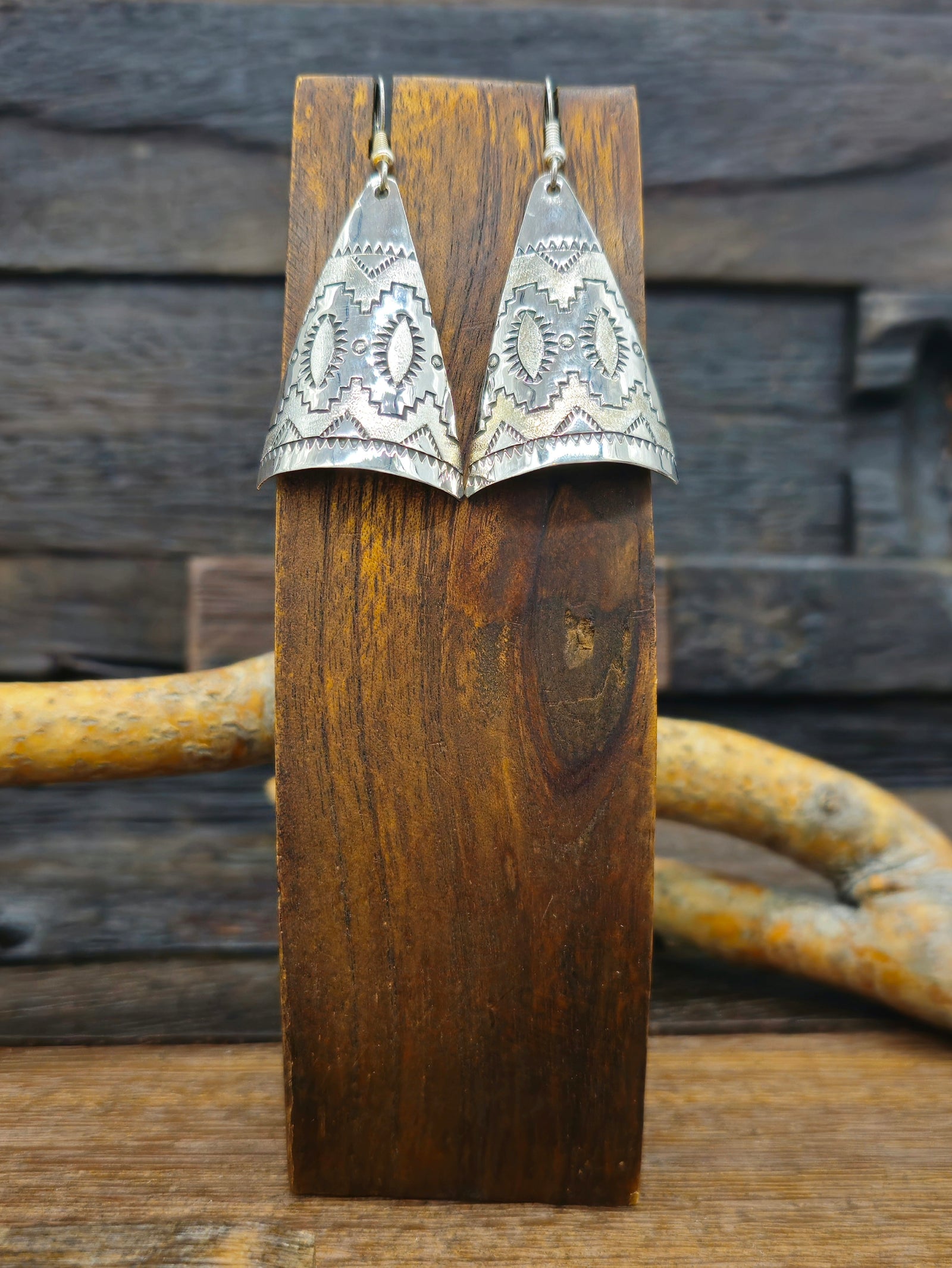 Silver Triangle Variety Stamped Earrings by Delbert Shirley