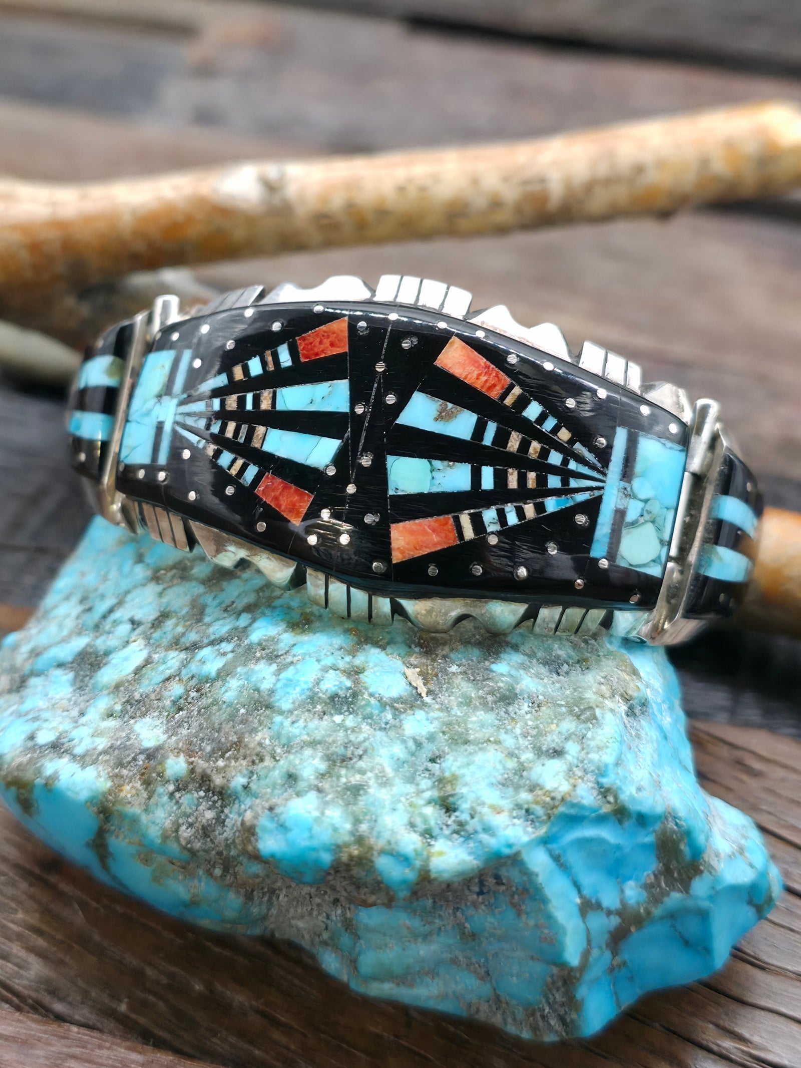 Turquoise Sterling Silver Inlay Bracelet by Ray Jack