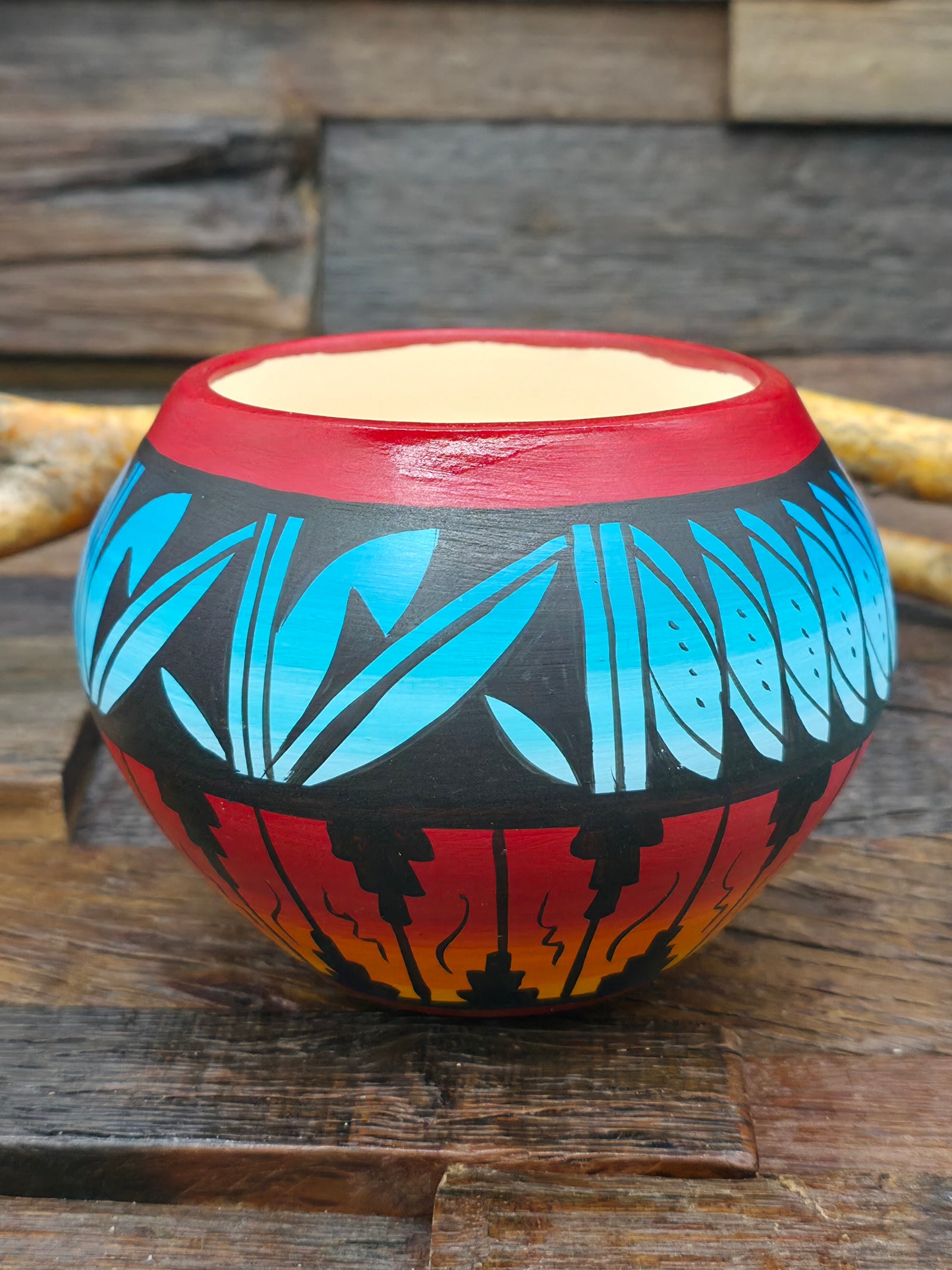 White Clay Rainbow and Red Pot by Andy Tsosie - 3 1/2 in. by 4 1/2 in. by 4 1/2 in.
