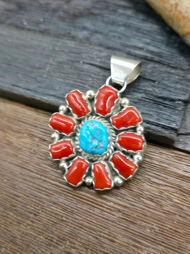 Turquoise and Coral Cluster Pendant by Julia Etsitty