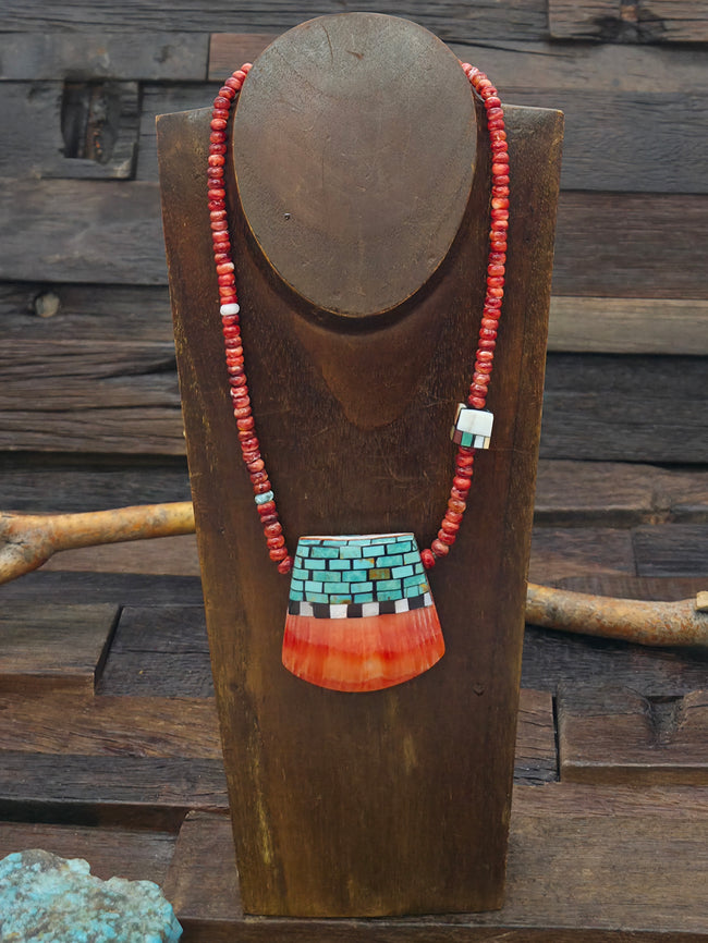 Reversible Turquoise and Spiny Oyster Mosaic Inlay Pendant on Red Spiny Bead Necklace by Charlene Reano - 18 in.