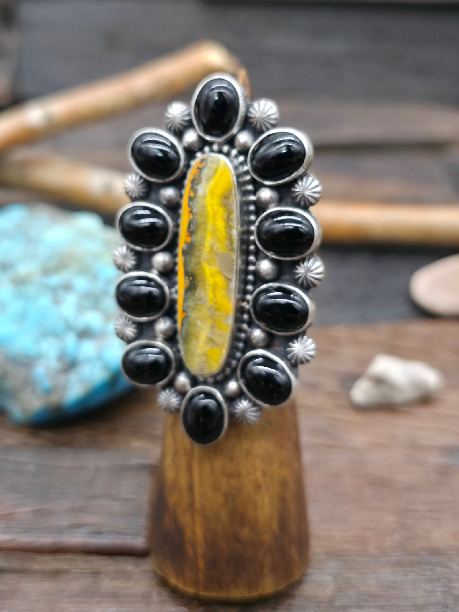 Large Bumblebee Jasper and Onyx Sterling Silver Ring by Randall Enditto - Adjustable