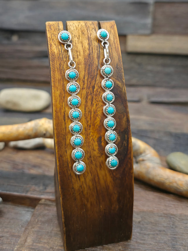 Sterling Silver Turquoise Post Dangle Earrings by Falencia Yazzie - 3 in. by 1/4 in.