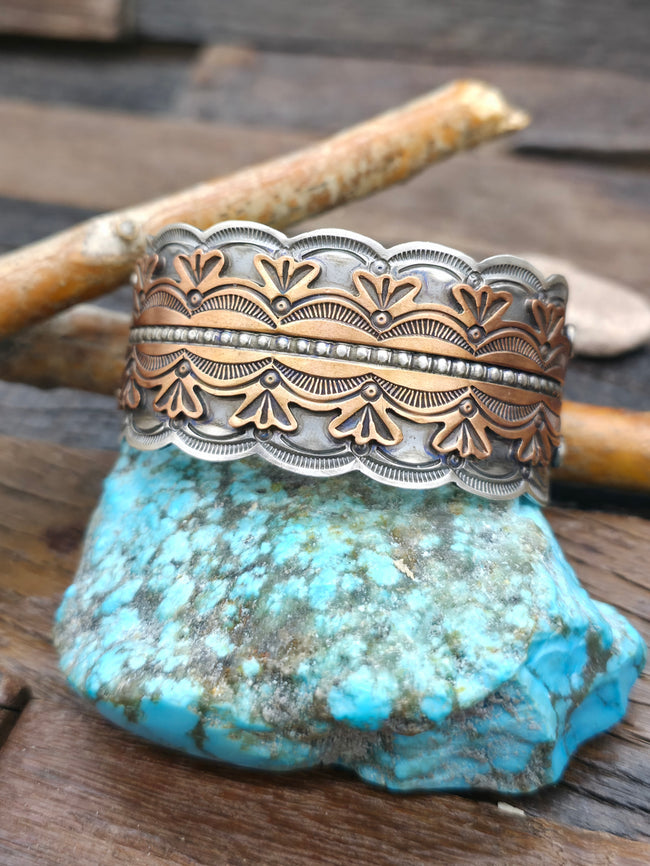 Stamped Sterling Silver Cuff Bracelet with Copper Overlay by Dean Sandoval - 6 3/4 in. with Gap