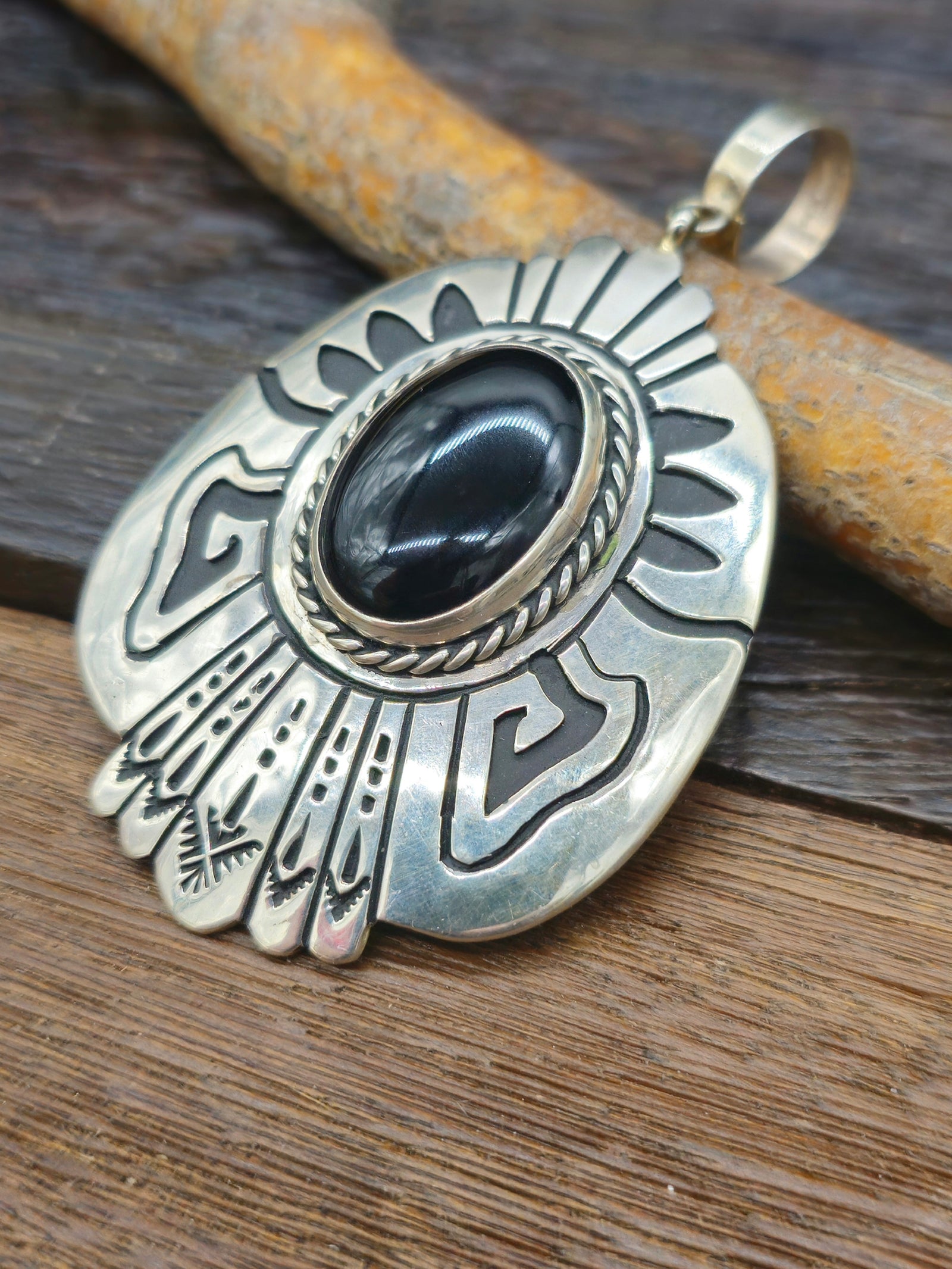 Large Sterling Silver Overlay Pendant with Black Onyx by Rose Singer