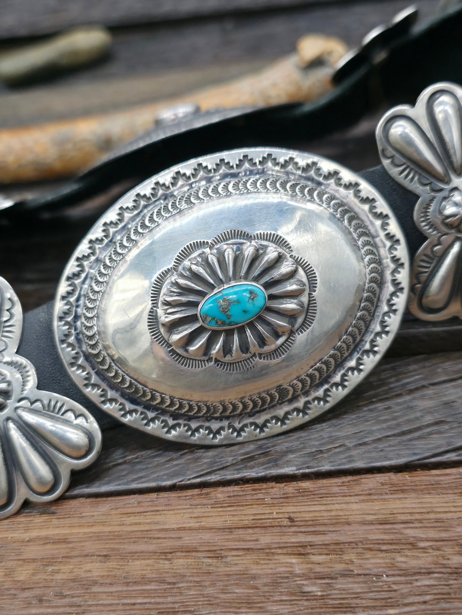 Vintage/Estate Stamped Sterling Silver Turquoise Concho Belt by Gilbert Tom - 46 in.