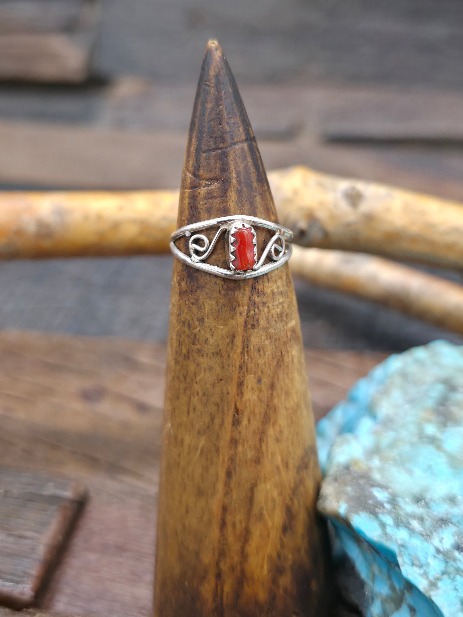 Dainty Sterling Silver and Coral Filigree Ring - Size 7