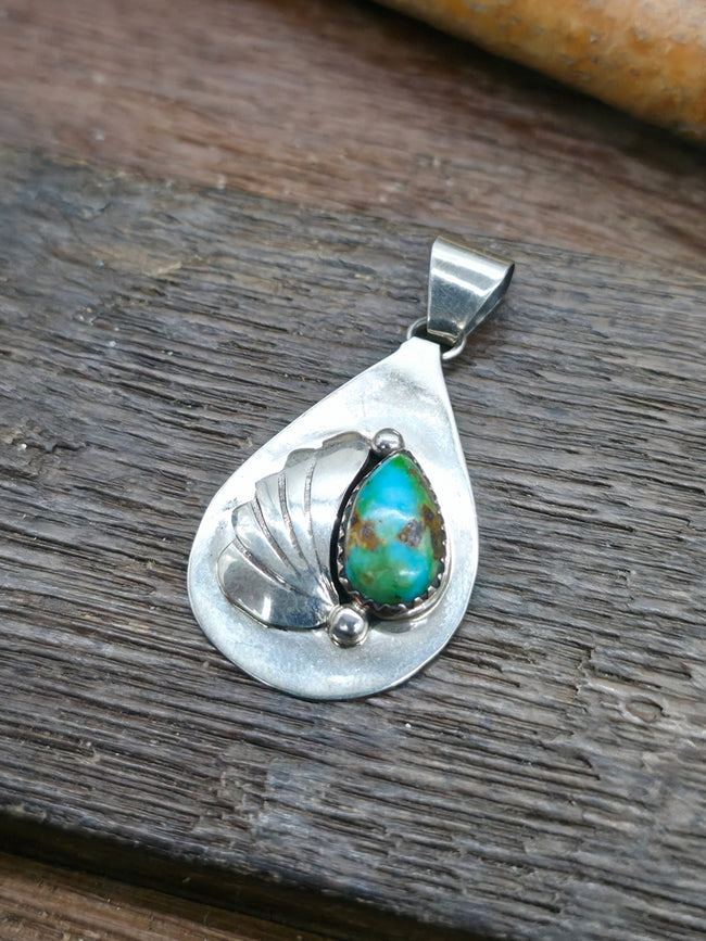 Sterling Silver Leaf Applique and Sonoran Turquoise Pendant - 1 1/2 in. by 7/8 in.