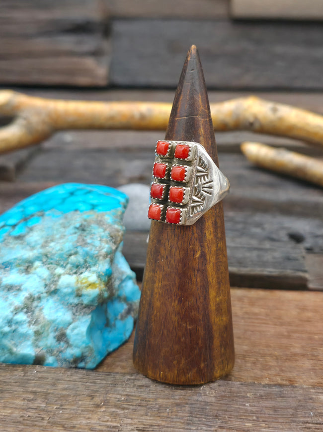 Stamped Sterling Silver and 8 Stone Coral Ring - Size 11