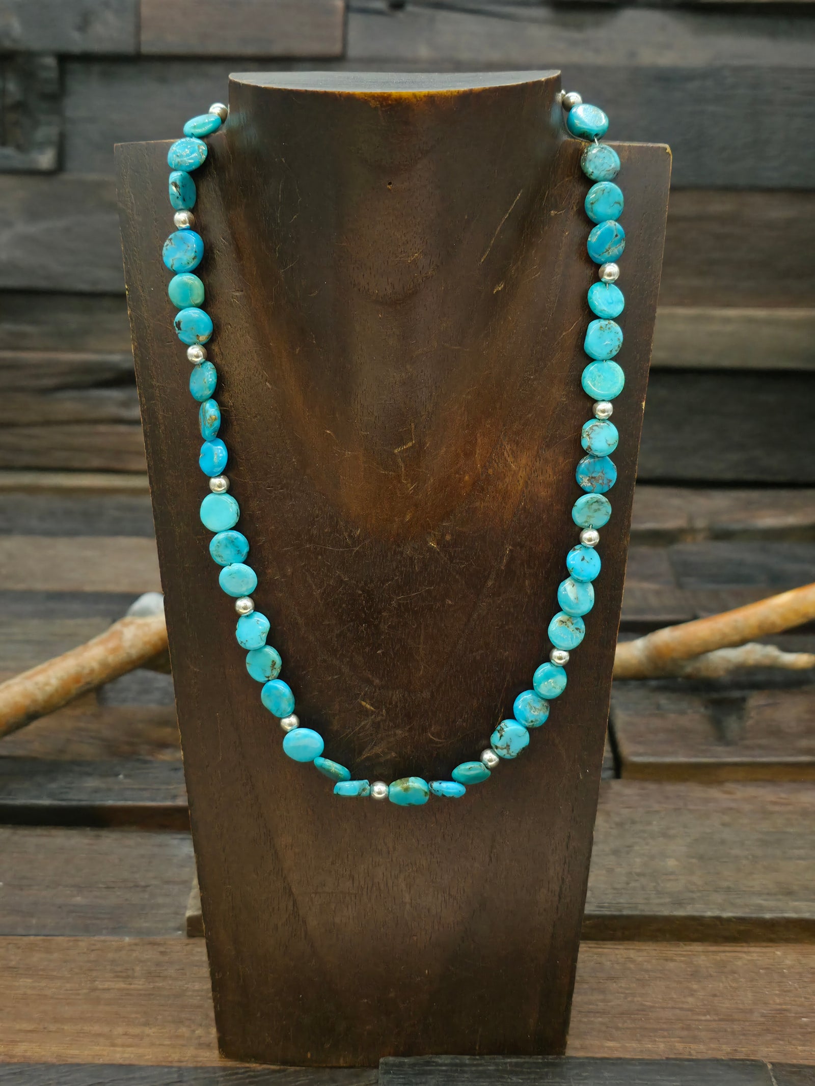 Kingman Turquoise and Sterling Silver Bead Necklace - 18 in.
