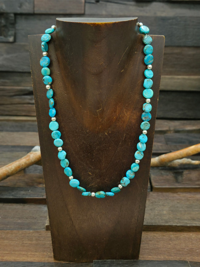 Kingman Turquoise and Sterling Silver Bead Necklace - 18 in.
