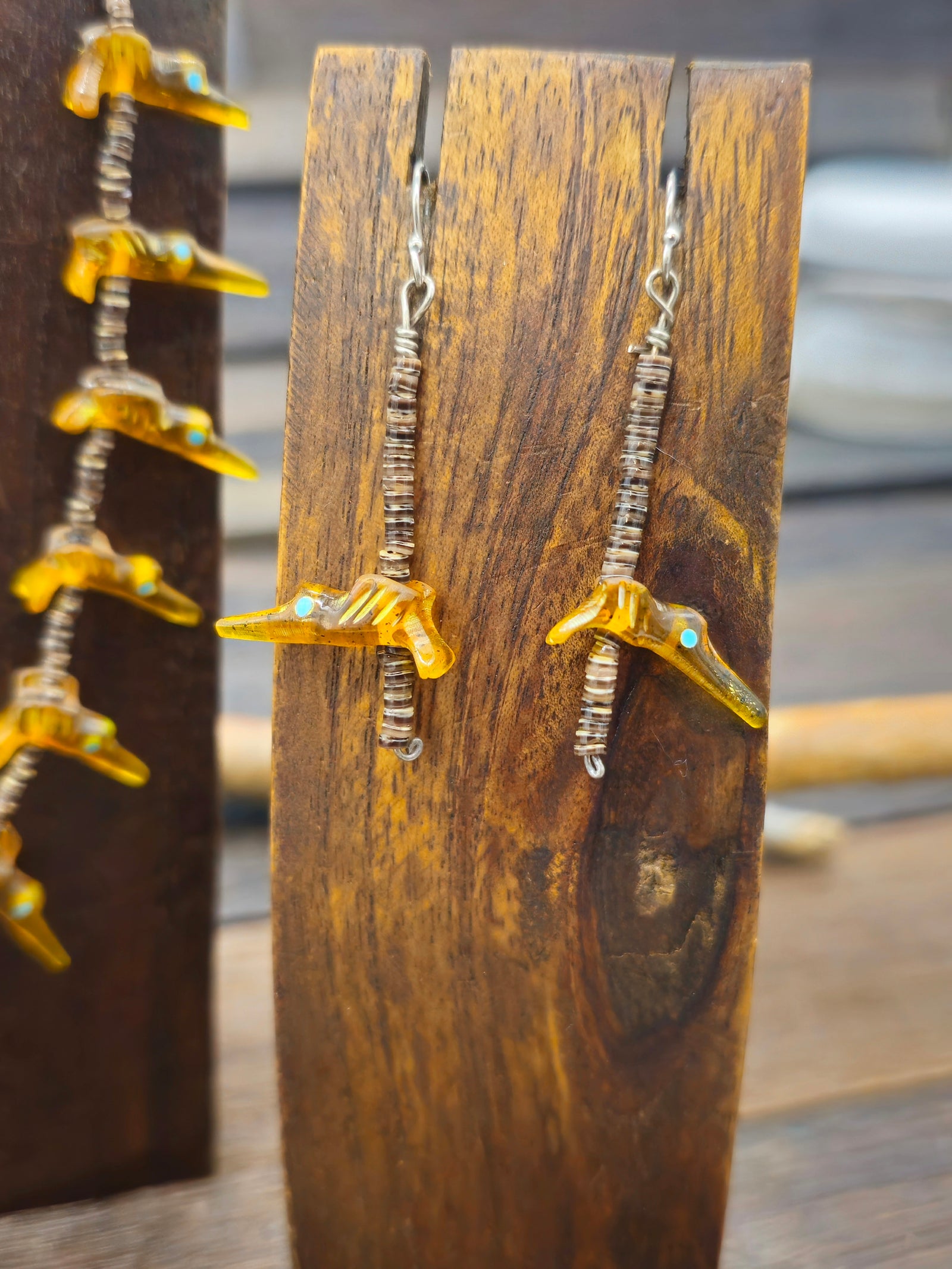 Amber Carved Bird Fetish Necklace and Earring Set - 27 in.