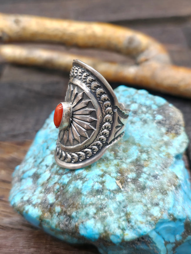 Stamped Sterling Silver Saddle Ring with Coral by Sunshine Reeves - Size 12