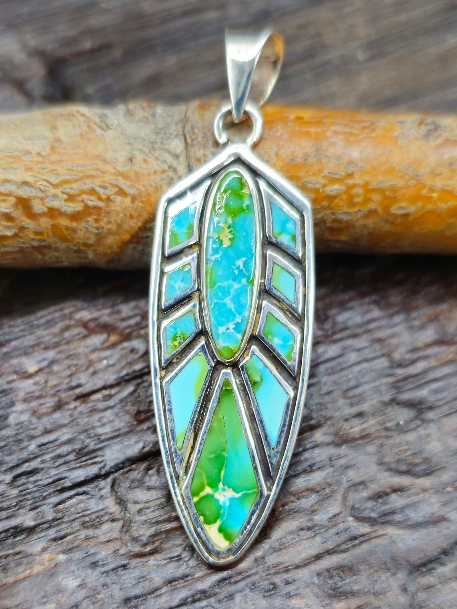 Green Turquoise Sterling Silver Inlay Feather Pendant