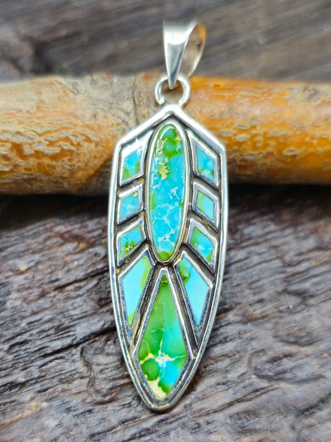 Green Turquoise Sterling Silver Inlay Feather Pendant