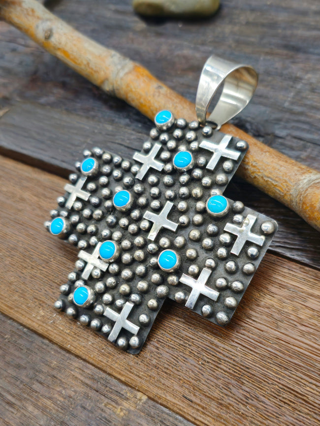 Large Cross-Shaped Sterling Silver Raindrop and Turquoise Pendant by Geneva Apachito