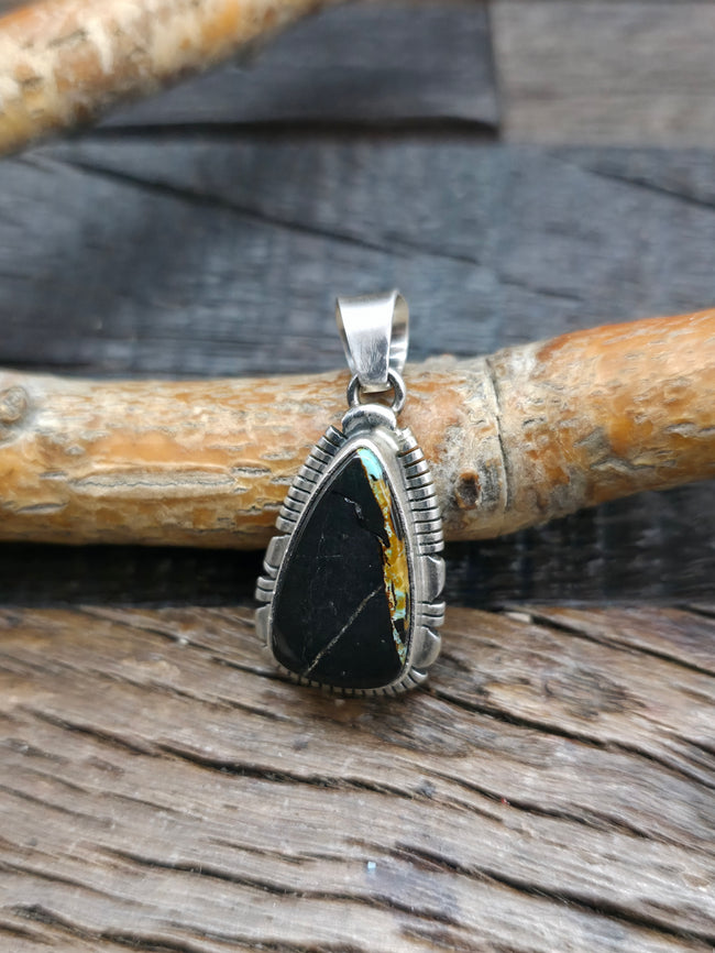 Sterling Silver Black Jack Turquoise Pendant - 1 5/8 in by 5/8 in.
