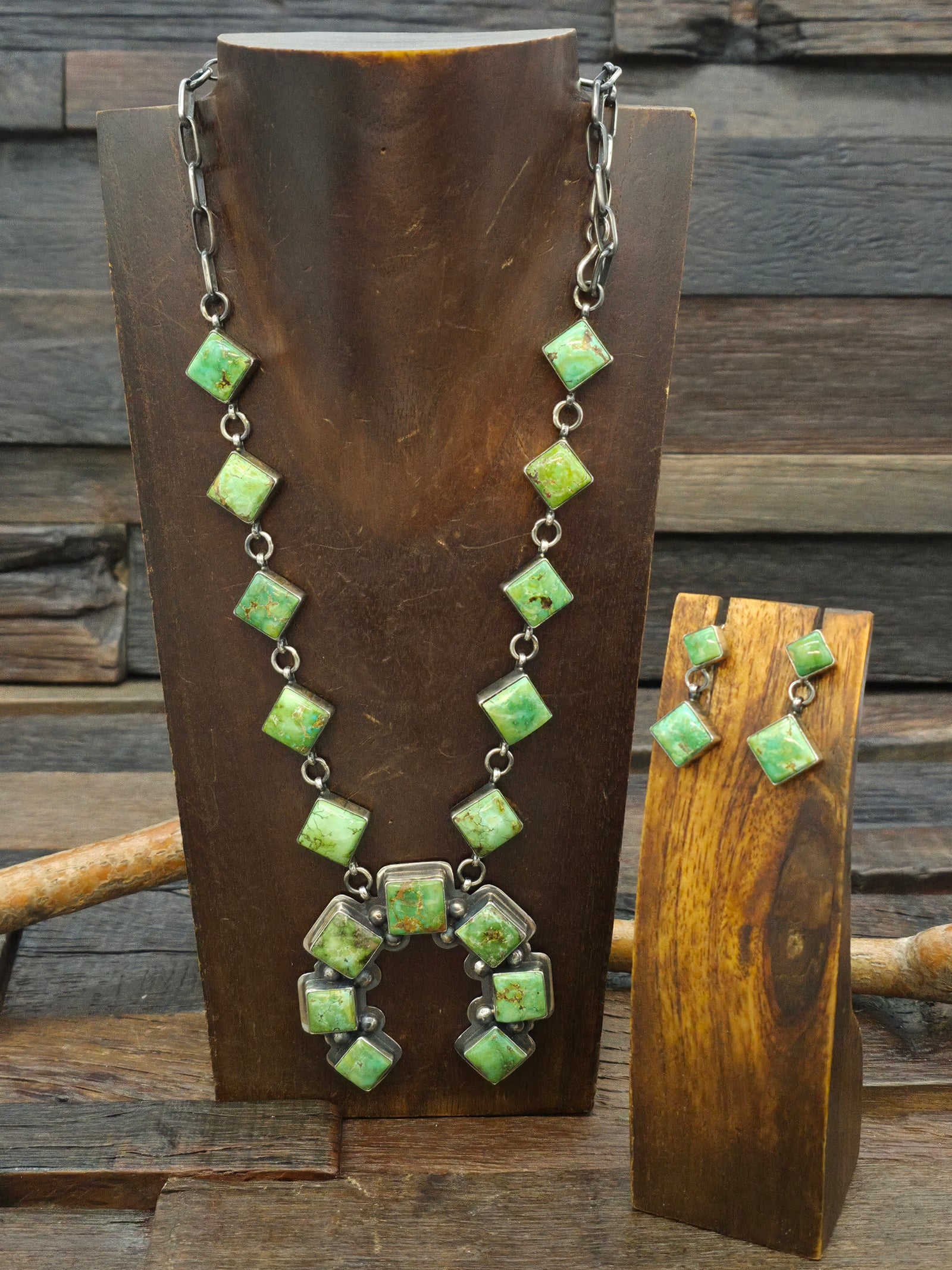 Sterling Silver Sonoran Turquoise Squash Blossom Necklace and Earring Set by Nila Johnson - 27 in.