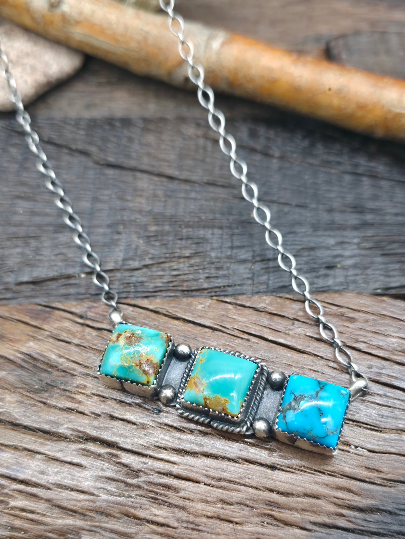 Three Stone Sterling Silver and Turquoise Bar Necklace - 18 in.