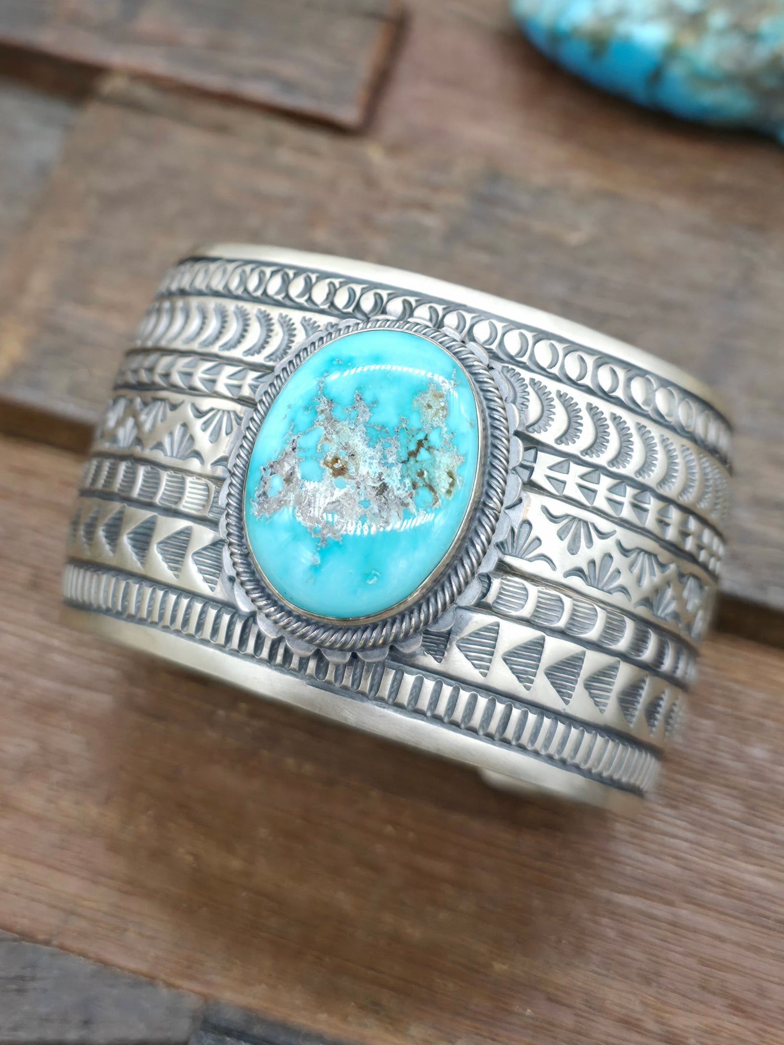 Turquoise Stamped Sterling Silver Cuff Bracelet by Randy Boyd - 7 in. with Gap