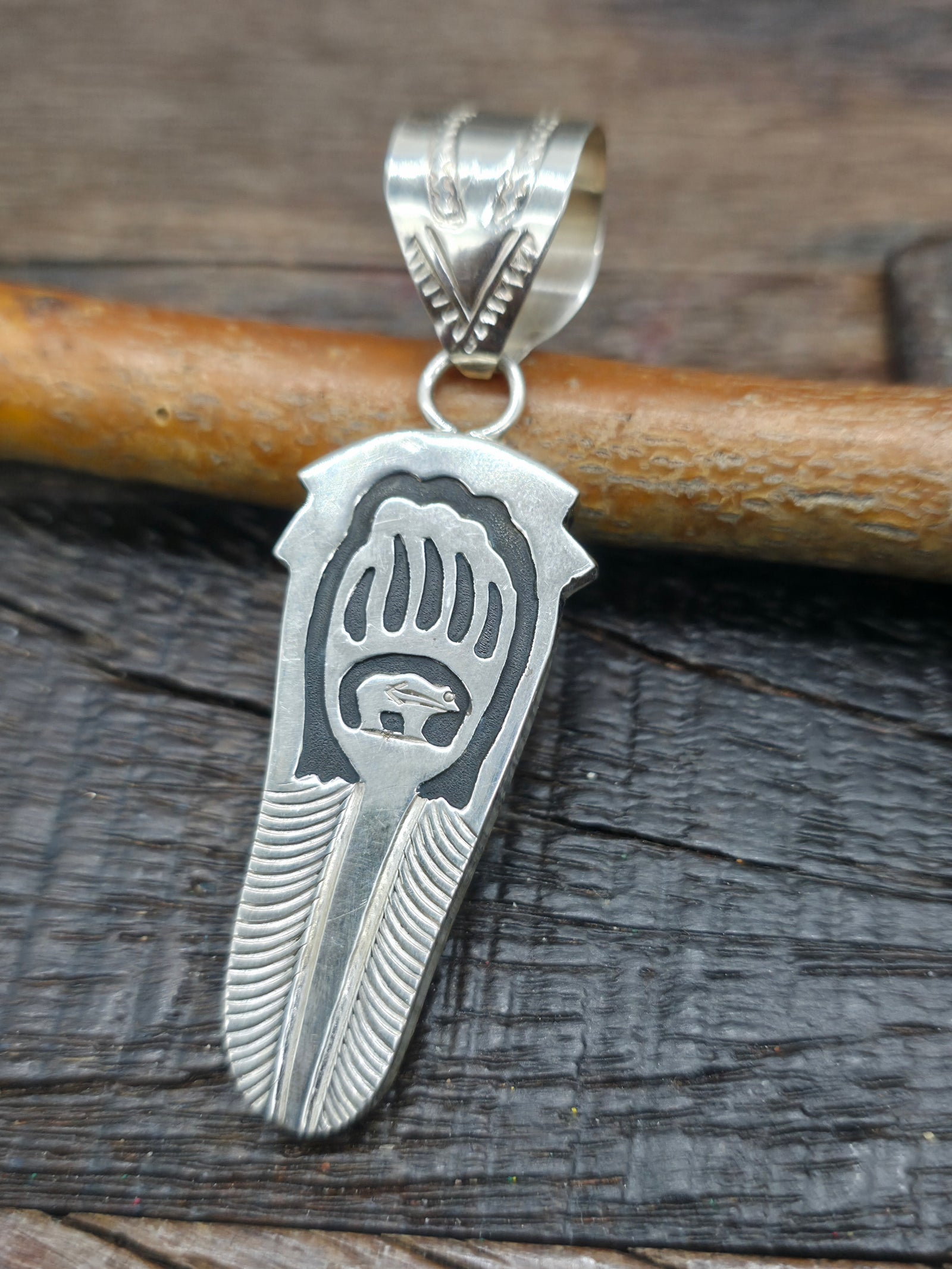 Sterling Silver Overlay Feather and Bear Pendant by Alonzo Mariano - 2 3/4 in. by 3/4 in.