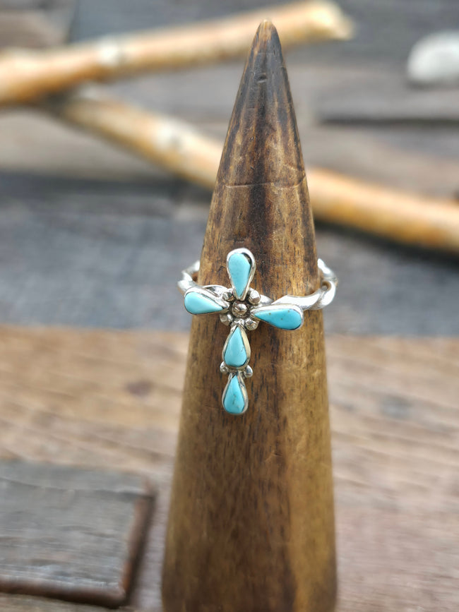 Sterling Silver Turquoise Cross Ring by Bryce Vacit - Size 9