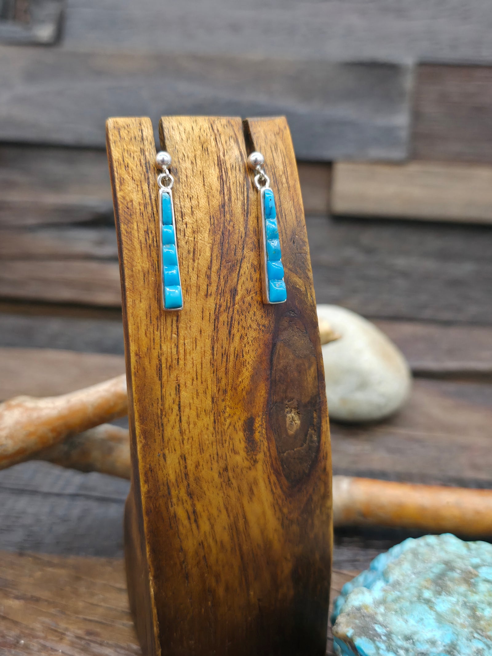 Blue Turquoise Cobblestone Inlay Post Dangle Earrings by Rick Tolino -  1 1/4 in. by 1/4 in.