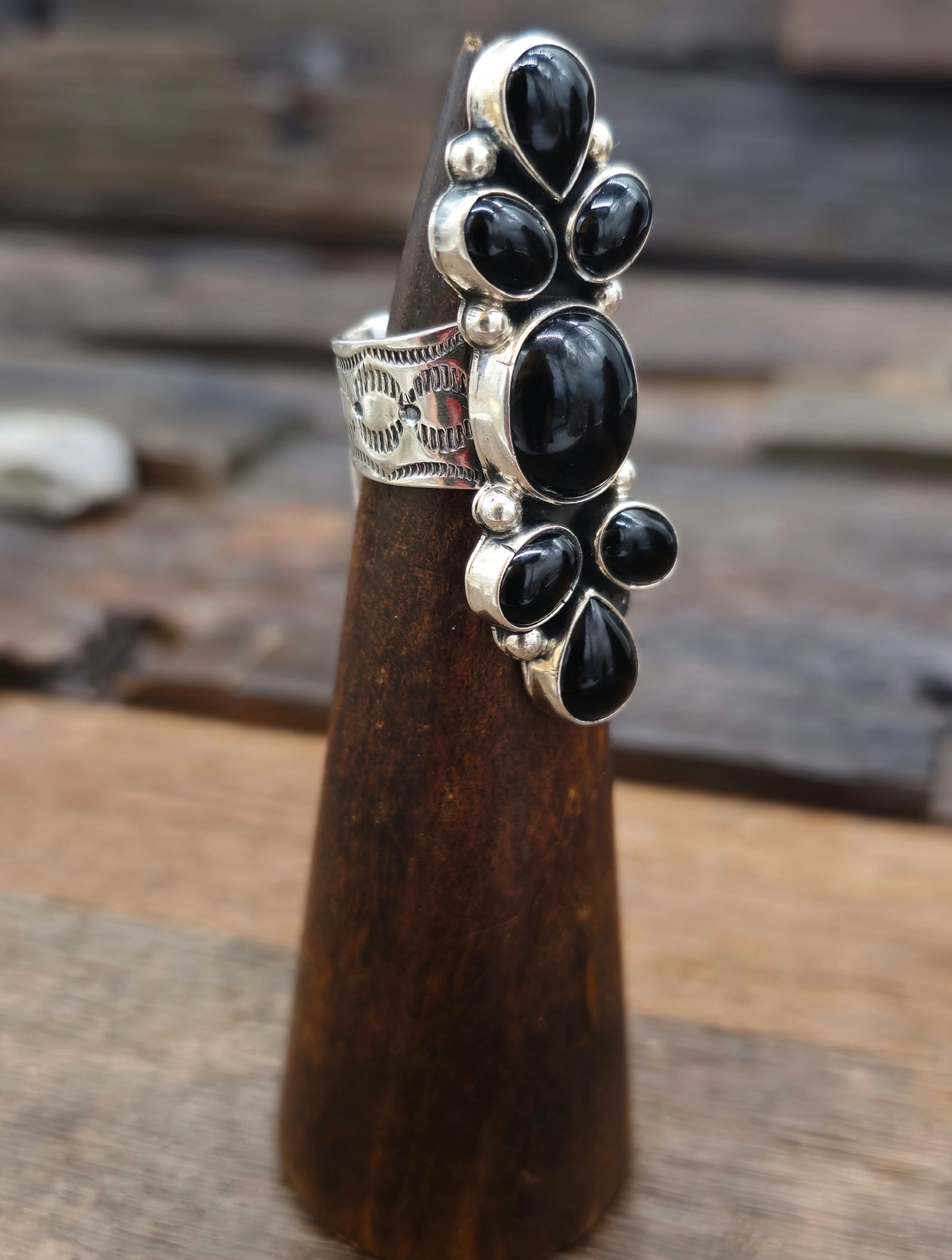 Sterling Silver Black Onyx Cluster Ring - Size 6