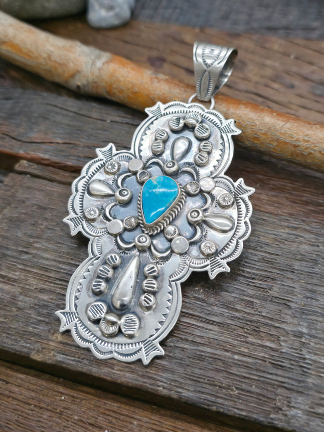 Stamped Sterling Silver and Blue Gem Turquoise Cross Pendant by Dean Sandoval