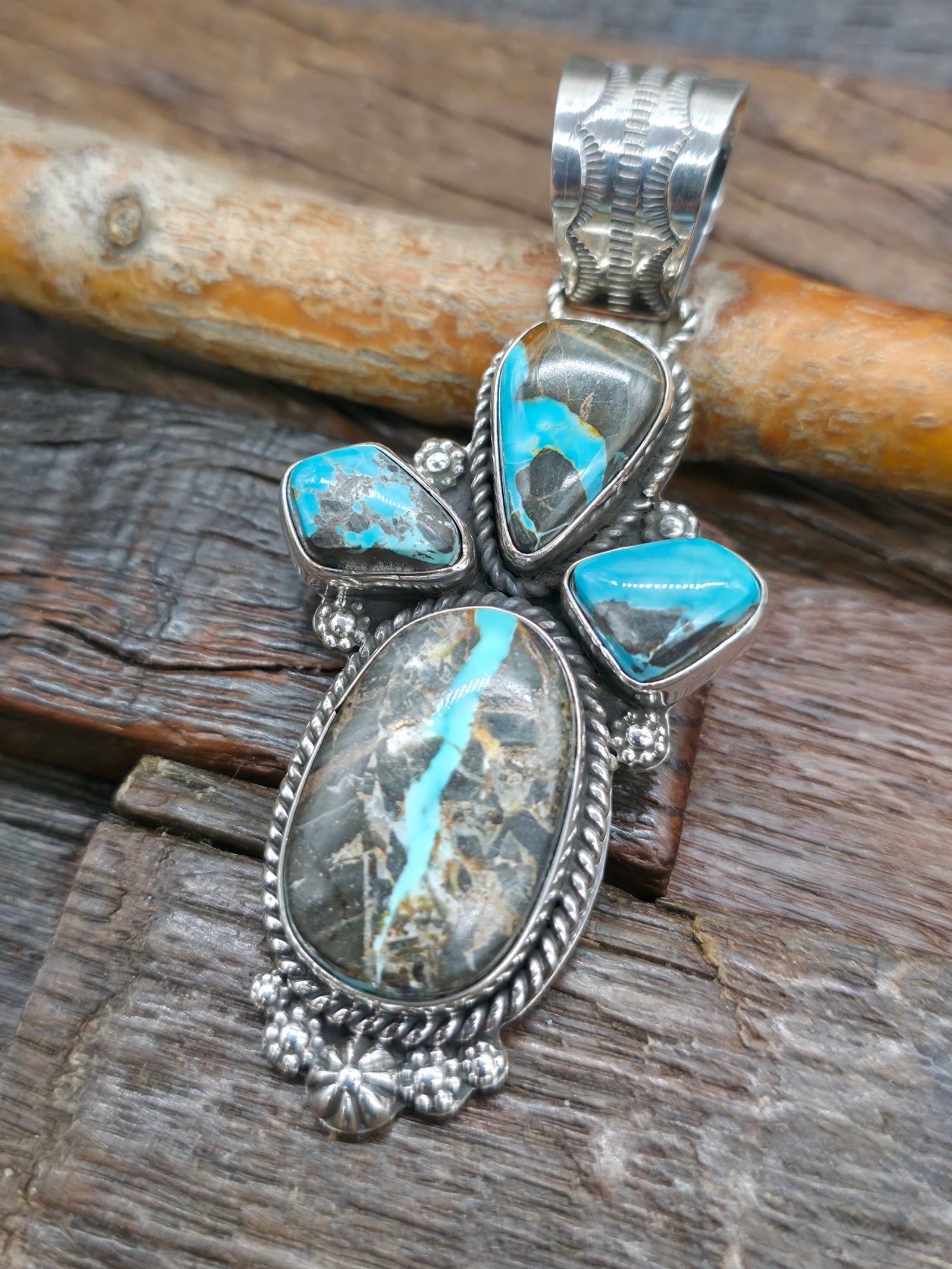 Sterling Silver Four Stone Boulder Candelaria Turquoise Pendant by Rosella Paxton - 3 in. by 1 1/2 in.