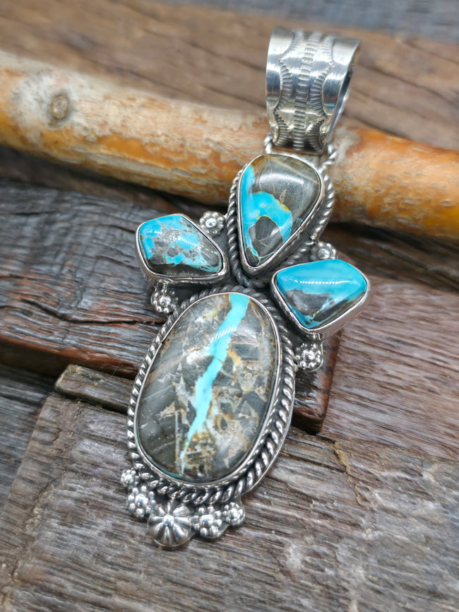 Sterling Silver Four Stone Boulder Candelaria Turquoise Pendant by Rosella Paxton - 3 in. by 1 1/2 in.
