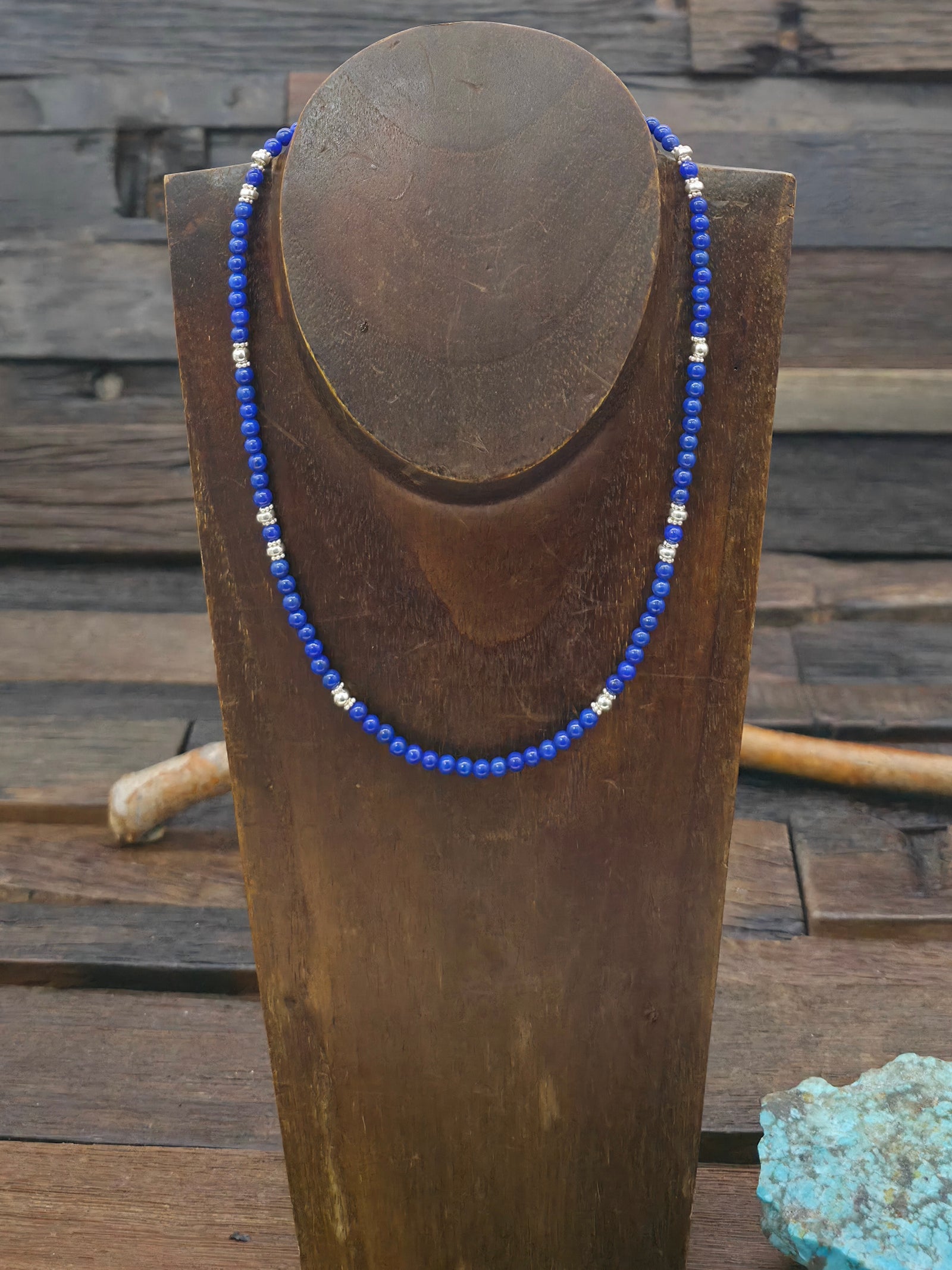Lapis Lazuli and Sterling Silver Bead Necklace - 16 in. plus 2 in. Extender