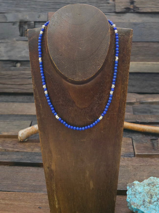 Lapis Lazuli and Sterling Silver Bead Necklace - 16 in. plus 2 in. Extender