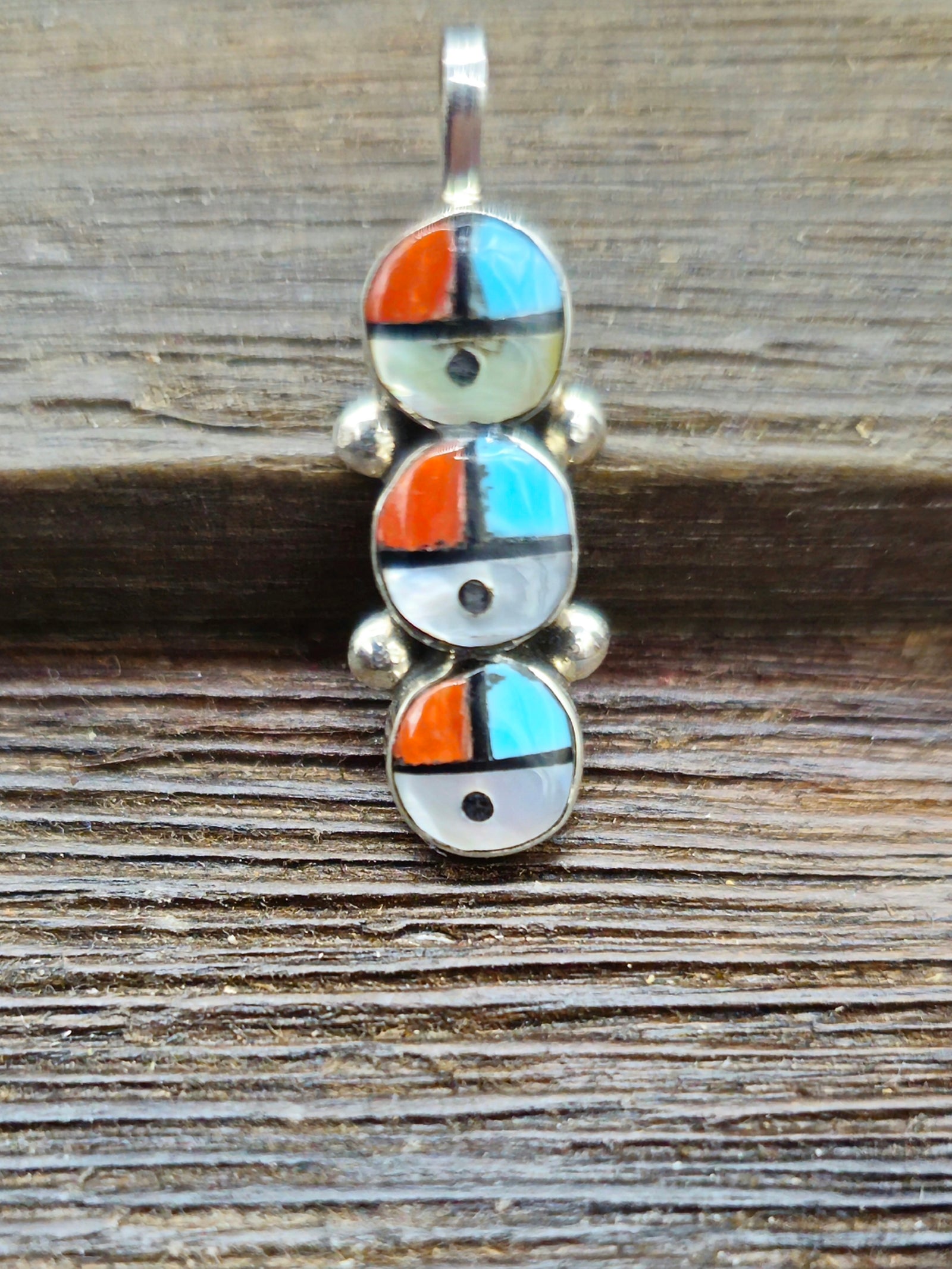 Three Sun Face Sterling Silver, Turquoise, Coral, and Mother-of-Pearl Mini Pendant