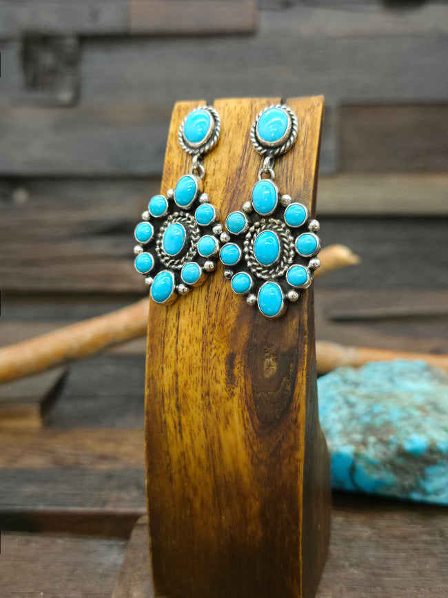 Sterling Silver Sleeping Beauty Turquoise Cluster Earrings by Linda Yazzie - 2 1/4 in. by 1 in.