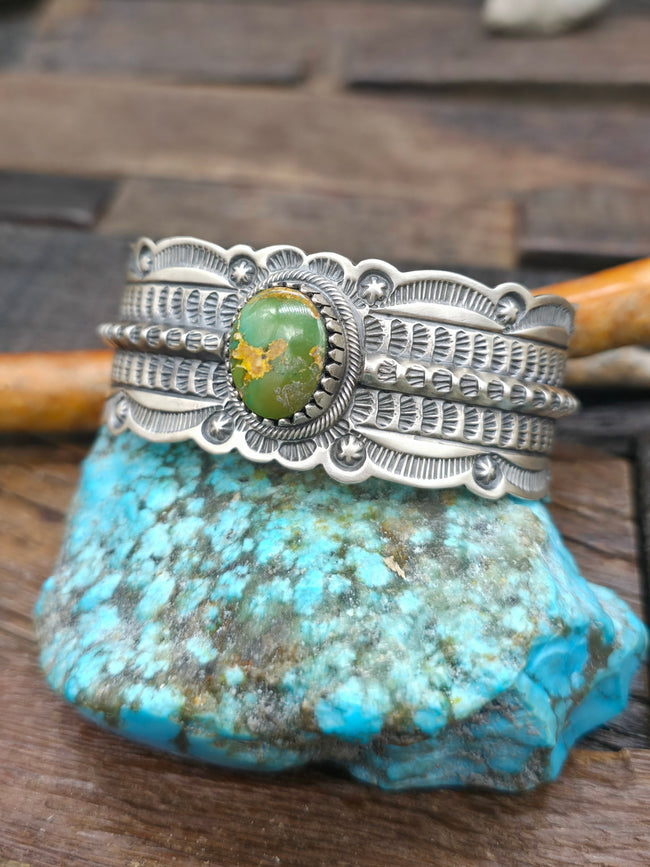 Royston Turquoise Stamped Sterling Silver Cuff Bracelet by Randy Boyd - 6 3/4 in. with Gap