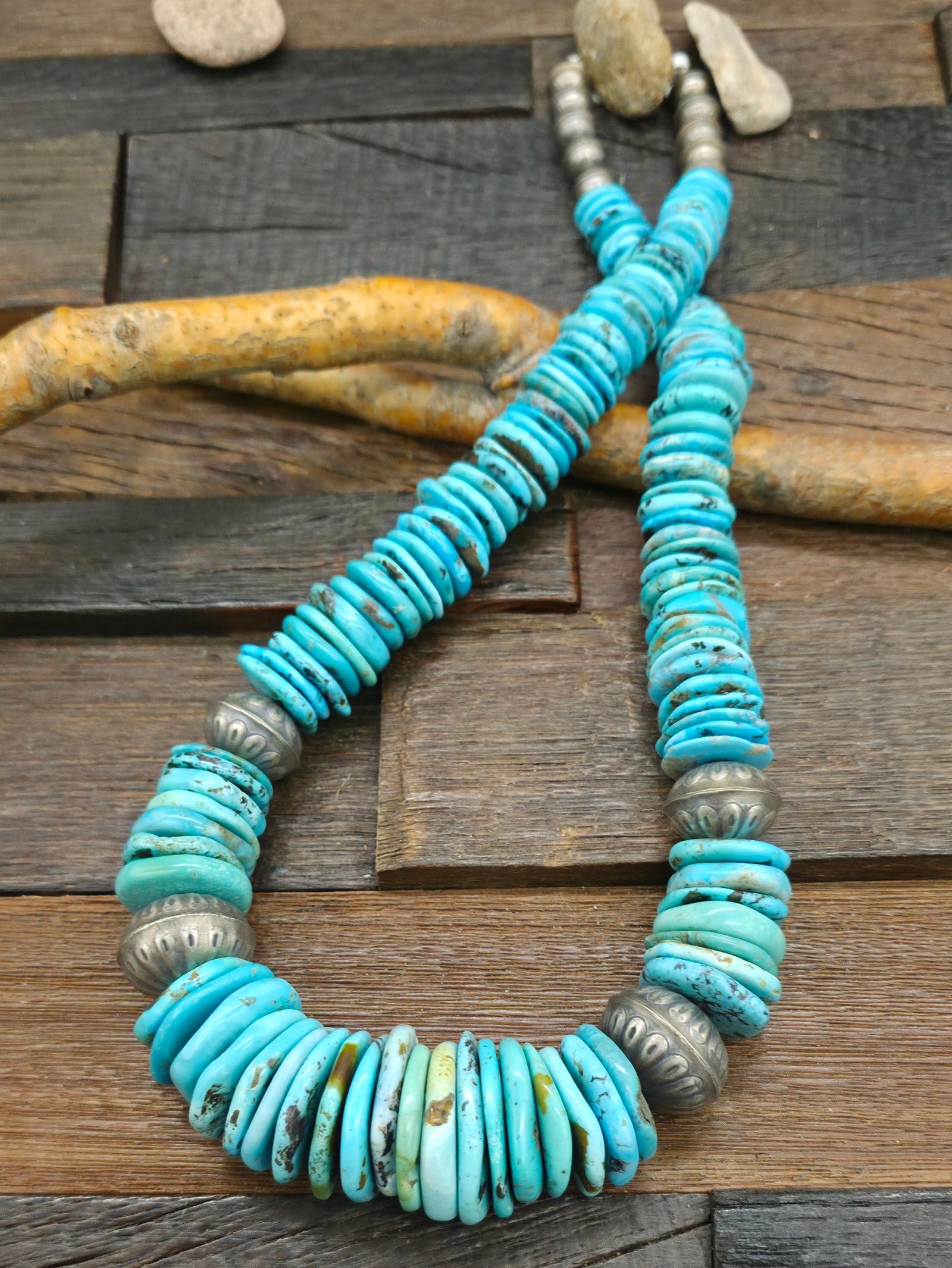 Graduated Mixed Turquoise Disc Necklace with Stamped Sterling Silver Beads - 26 in.