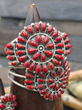 Seven Piece Sterling Silver Apple Coral Squash Blossom Necklace Set with Earrings, Two Adjustable Rings, Two Bracelets, and Pin/Pendant