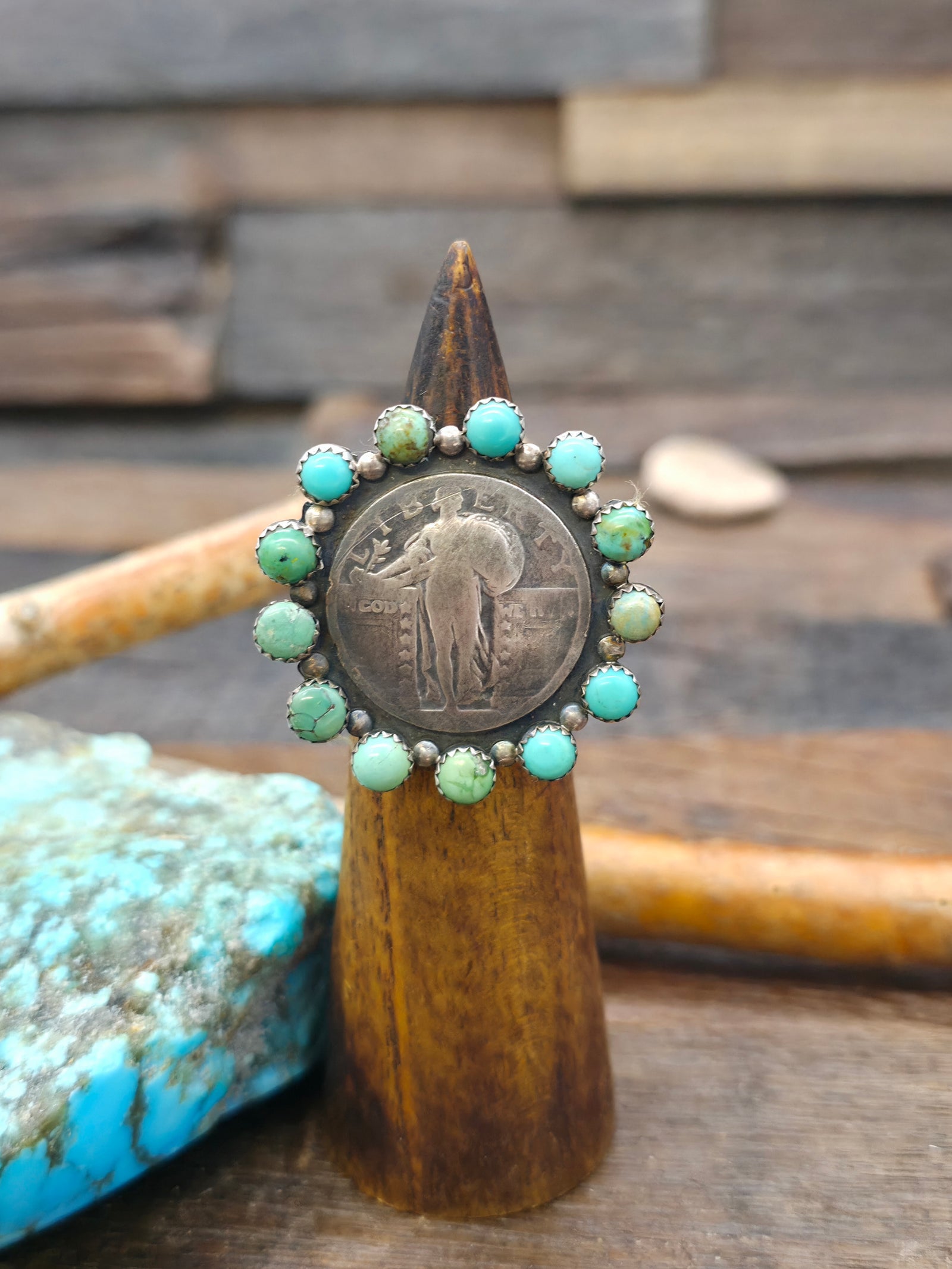 Green Turquoise Liberty Quarter Sterling Silver Ring by Lawrence Archuleta - Size 7 1/2