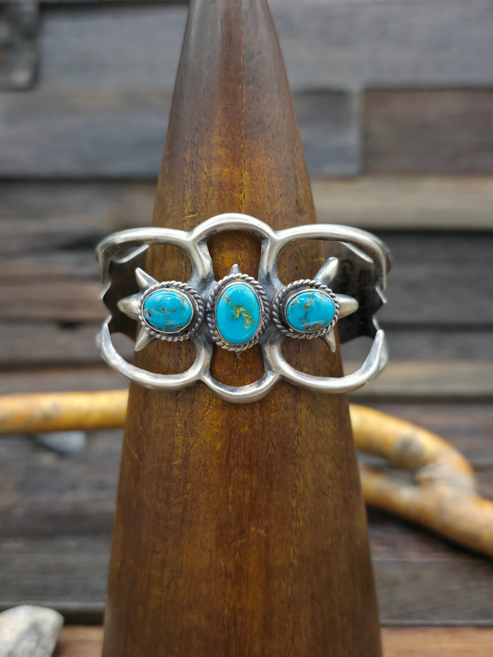 Three Stone Kingman Turquoise Cast Sterling Silver Cuff by Eugene Grube - 6 1/2in w/gap