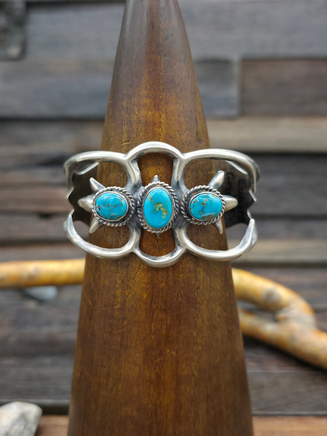 Three Stone Kingman Turquoise Cast Sterling Silver Cuff by Eugene Grube - 6 1/2in w/gap