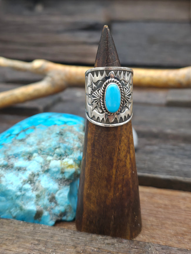 Stamped Sterling Silver and Turquoise Wide Band Ring by Derrick Cadman - Size 9